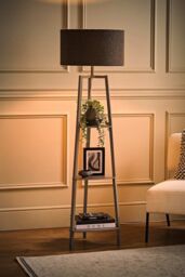 ValueLights Hiru Grey 3 Tier Wooden Shelf Floor Lamp with Boucle Drum Shade in Charcoal - thumbnail 2