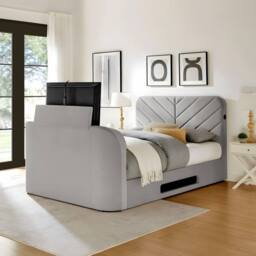 PARADISE BEDS LTD Royal View Velvet Upholstered Smart TV Bed Set - Plush Velvet in Light Grey - Size: Single - thumbnail 1