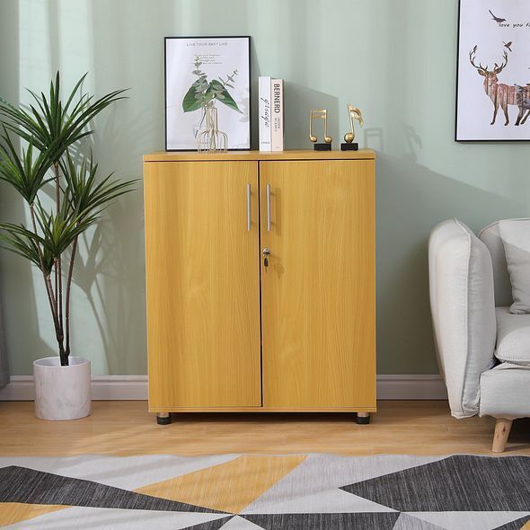 Beech Wooden Storage Cabinet, 2 Shelves, Lockable 2 Door, Low Office Unit