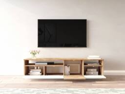 Vente-unique TV Unit With 4 Doors & 2 Shelves - Light Natural & White - CEDONA in Light Oak - thumbnail 8