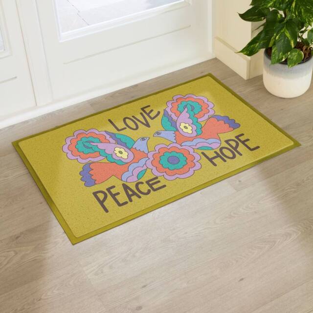 Artsy Mats Elizabeth Olwen Love Peace Hope Indoor/Outdoor Doormat (90x60cm) in Yellow - Size: 60 x 90 cm - image 1