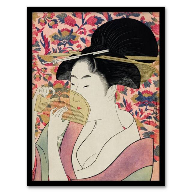 Artery8 Utamaro Kitagawa Framed Wall Art Print Woman With A Comb Portrait in Pink - Size: A4 - image 1
