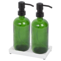 Harbour Housewares 2pc Glass Soap Dispenser Set with Ceramic Tray - 500ml in Green