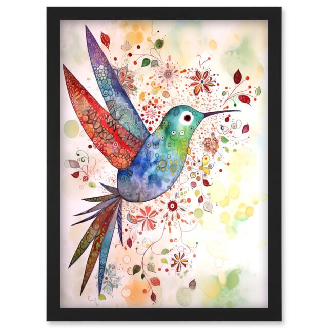 Artery8 Hummingbird With Flower Patterns Folk Art Watercolour Painting Artwork Framed Wall Art Print A4 in Black - image 1