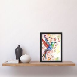 Artery8 Hummingbird With Flower Patterns Folk Art Watercolour Painting Artwork Framed Wall Art Print A4 in Black - thumbnail 2