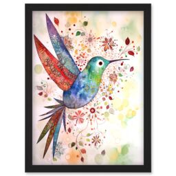 Artery8 Hummingbird With Flower Patterns Folk Art Watercolour Painting Artwork Framed Wall Art Print A4 in Black - thumbnail 1