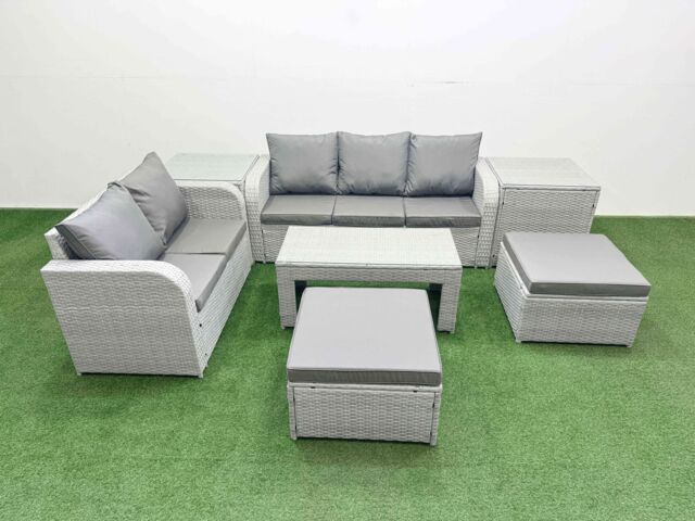 Fimous 7 Seater PE Rattan Wicker Garden Furniture Patio Conservatory Sofa Set w/ Oblong Coffee Table 3 Seater Sofa Love Sofa 2 Big Footstool 2 Side - image 1