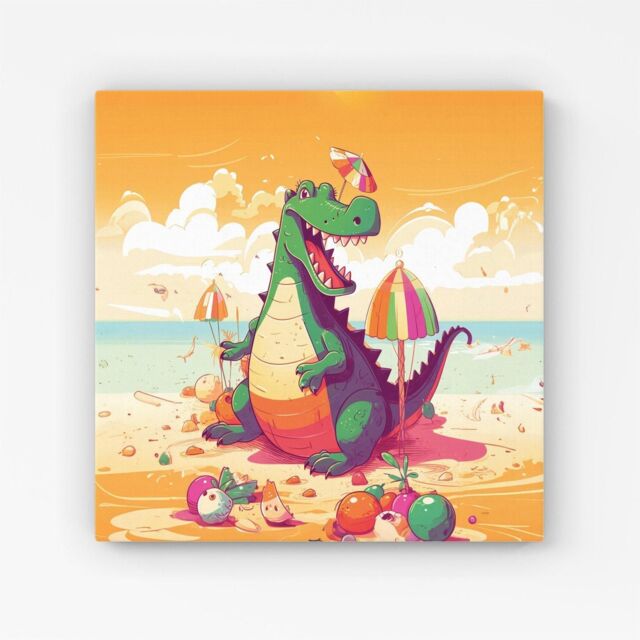 "Warren Reed - Designer Crocodile On A Beach Holiday Canvas in Yellow - Size: W30"" x H30""" - image 1