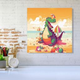 "Warren Reed - Designer Crocodile On A Beach Holiday Canvas in Yellow - Size: W30"" x H30""" - thumbnail 2
