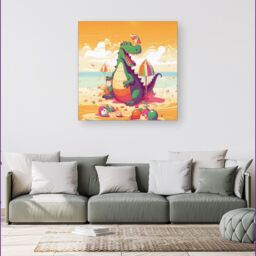 "Warren Reed - Designer Crocodile On A Beach Holiday Canvas in Yellow - Size: W30"" x H30""" - thumbnail 4