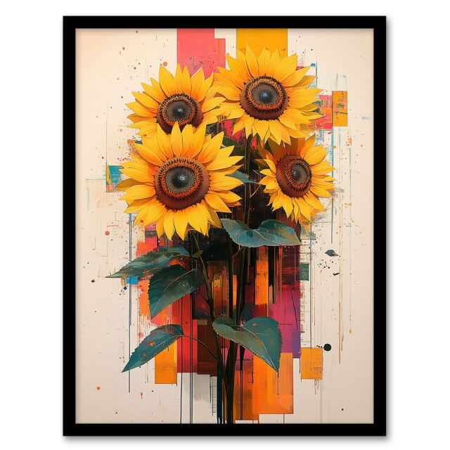 "Artery8 Sunflower Bouquet Modern Floral Abstract Painting Framed Art Print in Yellow - Size: W12"" x H16""" - image 1