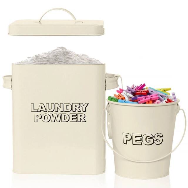 VOGREX Enamel Laundry Storage Tin for Powder & Pegs in Beige - image 1