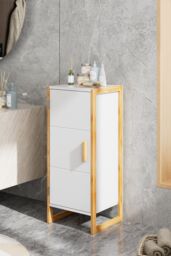 Living and Home Single-door Bathroom Storage Cabinet with Bamboo Base in White