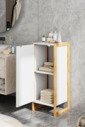 Living and Home Single-door Bathroom Storage Cabinet with Bamboo Base in White - thumbnail 2