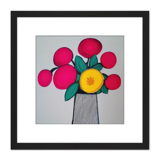 Artery8 Modern Abstract Ruby Flowers Vase Boho Painting Square Wooden Framed Wall Art Print Picture 8X8 Inch in Black - image 1
