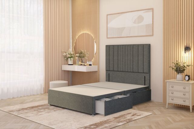 "Somnior Alexas Divan Divan Bed 4 Drawers with 54"" Floor Headboard Linen Fabric in Mid Grey - Size: Super King" - image 1