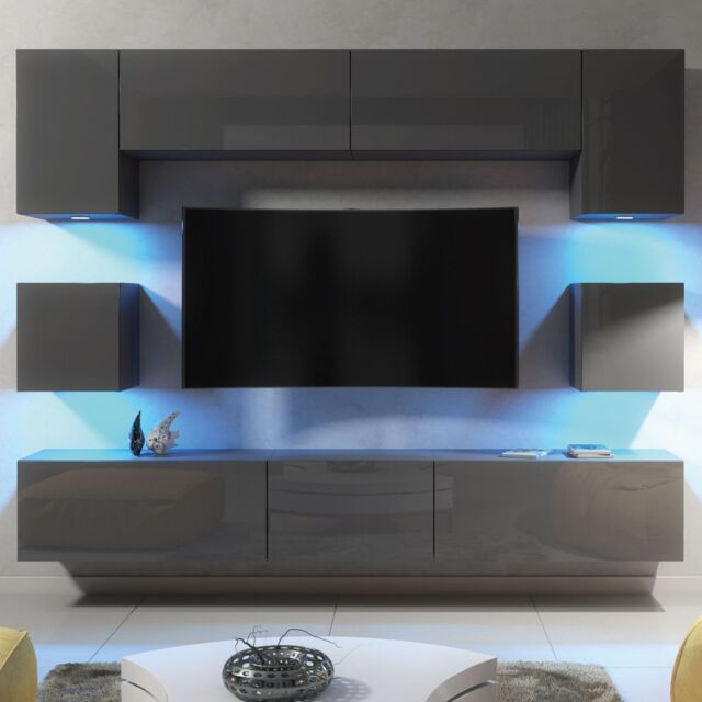 Creative Furniture Panorama Wall TV Unit - A Sleek & Modern Wall Cabinet with Gloss Doors & LED Lights in Dark Grey - image 1