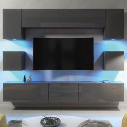 Creative Furniture Panorama Wall TV Unit - A Sleek & Modern Wall Cabinet with Gloss Doors & LED Lights in Dark Grey - thumbnail 1