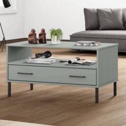 Berkfield Home Coffee Table with Metal Legs Grey 85x50x45 cm Solid Wood OSLO - Size: 85 x 50 x 45 cm - thumbnail 2