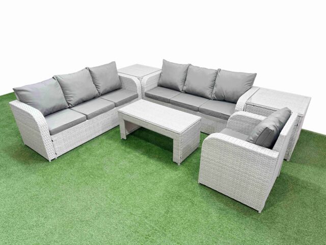 Fimous 7 Seater Poly Rattan Outdoor Garden Furniture Oblong Coffee Table Sofa Set Patio 3 Seater Sofa Reclining Chair 3 Seater Sofa 2 Side Table - image 1