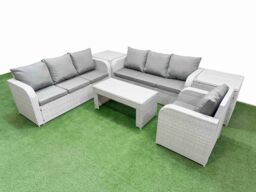 Fimous 7 Seater Poly Rattan Outdoor Garden Furniture Oblong Coffee Table Sofa Set Patio 3 Seater Sofa Reclining Chair 3 Seater Sofa 2 Side Table - thumbnail 1