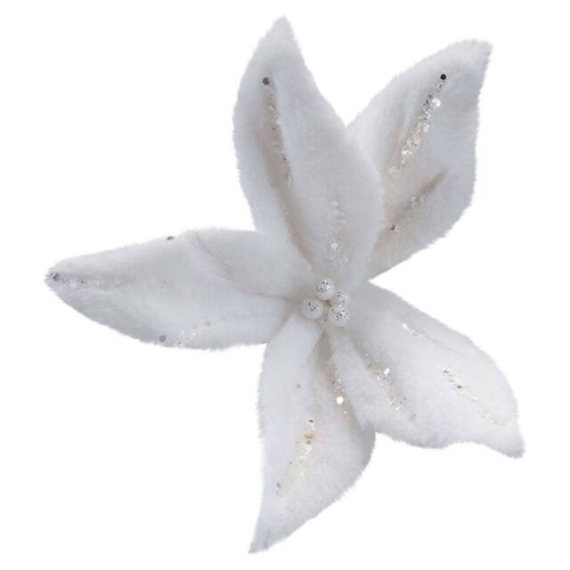 VFM e-Store Christmas Poinsettia Clip Decoration 16cm x 8cm White X 1 - Size: 16 cm x 8 cm - image 1