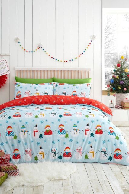 Fusion 'Christmas Snowman' Easy Care Duvet Cover Set in Duck Egg Blue - Size: Double - image 1