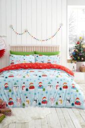 Fusion 'Christmas Snowman' Easy Care Duvet Cover Set in Duck Egg Blue - Size: Double - thumbnail 1