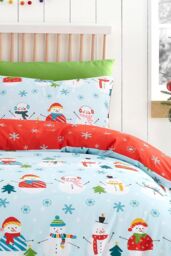 Fusion 'Christmas Snowman' Easy Care Duvet Cover Set in Duck Egg Blue - Size: Double - thumbnail 2