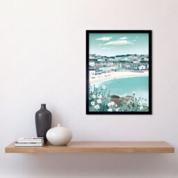 "Artery8 Wall Art Print St Ives Bay Daisies Soft Pastel Coastal Cityscape Art Framed in Black - Size: W12"" x H16""" - thumbnail 2