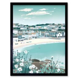 "Artery8 Wall Art Print St Ives Bay Daisies Soft Pastel Coastal Cityscape Art Framed in Black - Size: W12"" x H16""" - thumbnail 1