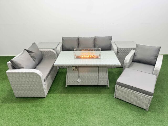 Fimous Patio PE Wicker 7 Seater Outdoor Rattan Furniture Sofa Sets w/ Firepit Dining Table Reclining Chair Loveseat Sofa 3 Seater Sofa Big Footstool - image 1