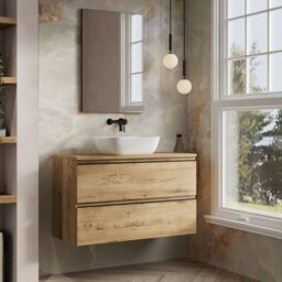 Banyetti Vatilla 1000mm Wall Hung Vanity Unit with Matching Worktop - Ostippo Oak in Light Oak - thumbnail 2