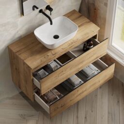Banyetti Vatilla 1000mm Wall Hung Vanity Unit with Matching Worktop - Ostippo Oak in Light Oak - thumbnail 3