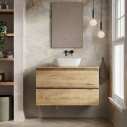 Banyetti Vatilla 1000mm Wall Hung Vanity Unit with Matching Worktop - Ostippo Oak in Light Oak