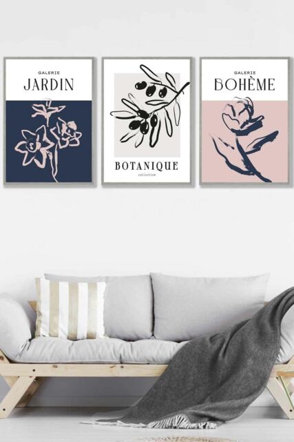 ARTZE Set of 3 Light Grey Framed Minimalist Sketch Leaves Flowers Blush Pink Navy Blue & Grey Wall Art - Size: W33 cm x H45 cm x D20mm - image 1