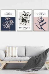 ARTZE Set of 3 Light Grey Framed Minimalist Sketch Leaves Flowers Blush Pink Navy Blue & Grey Wall Art - Size: W33 cm x H45 cm x D20mm - thumbnail 1
