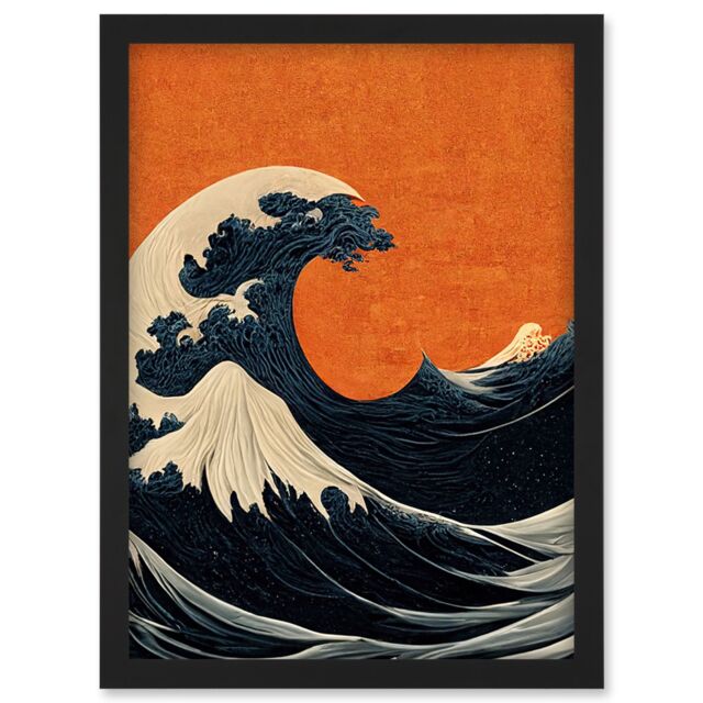 Artery8 Minimalist Orange Sunset Sky Modern Style Of Great Wave Off-Kanagawa Artwork Framed Wall Art Print A4 in Black - image 1
