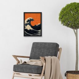 Artery8 Minimalist Orange Sunset Sky Modern Style Of Great Wave Off-Kanagawa Artwork Framed Wall Art Print A4 in Black - thumbnail 2