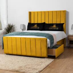 UK Bed Furniture Seoul Wingback Divan Bed with 54 Inch Headboard & 2 Drawers Foot End in Mustard - Size: Double