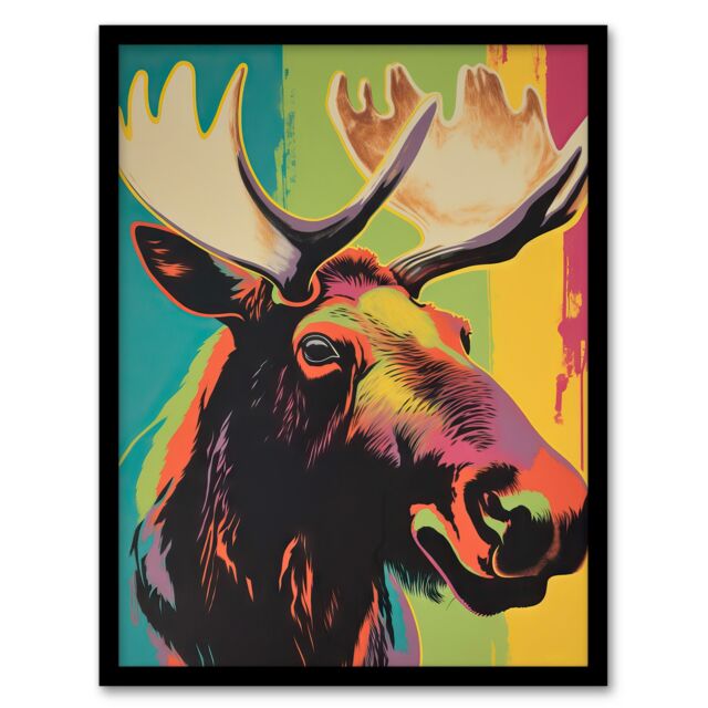 "Artery8 Wall Art Print Canadian Moose Psychedelic Animal Portrait Screen Artwork Vibrant Bold Bright Colourful Painting Art Framed - Size: W12"" x H16""" - image 1