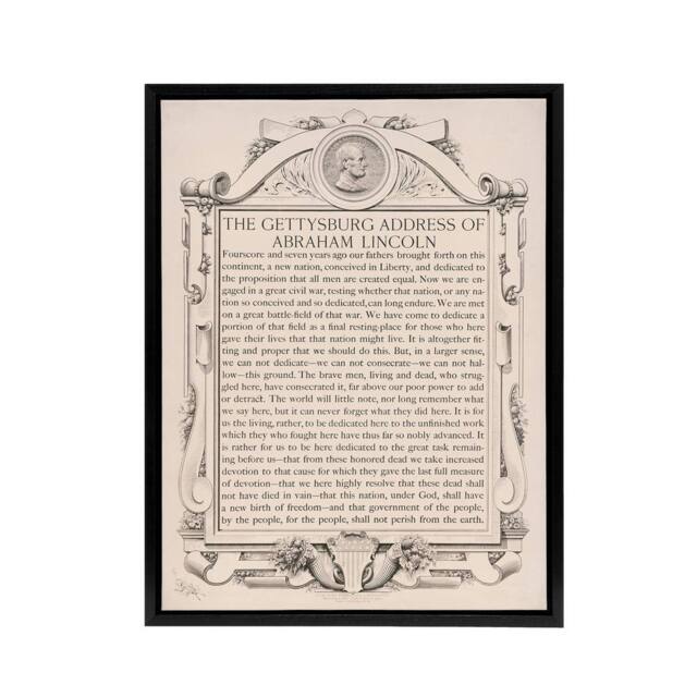 "Artery8 Gettysburg Address Abraham Lincoln Framed Canvas Wall Art Print in Beige - Size: W12"" x H16""" - image 1