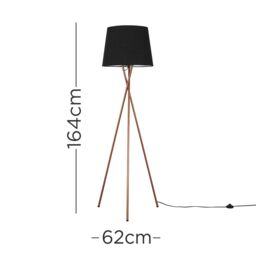ValueLights Camden Copper Metal Tripod Floor Lamp with Tapered Shade & LED Bulb in Black - thumbnail 4