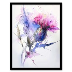 "Artery8 Thistle Flower Violet Pink Green Soft Watercolour Framed Art Print in Purple - Size: W12"" x H16""" - thumbnail 1