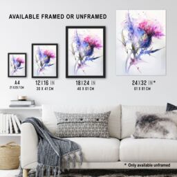 "Artery8 Thistle Flower Violet Pink Green Soft Watercolour Framed Art Print in Purple - Size: W12"" x H16""" - thumbnail 3