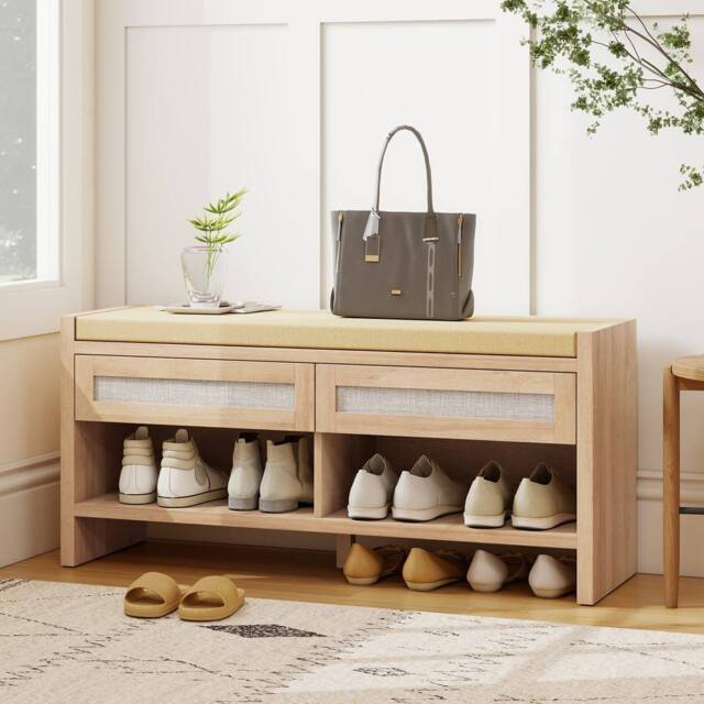 HOMCOM Shoe Bench with 2 Rattan Drawers Cushion Oak Wood Effect in Light Oak - image 1