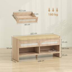 HOMCOM Shoe Bench with 2 Rattan Drawers Cushion Oak Wood Effect in Light Oak - thumbnail 3