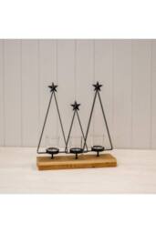KDMD Black Metal Triple Tree Tealight Holder on Wooden Base