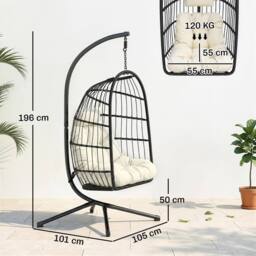 OUTSUNNY Hanging Egg Chair, Outdoor Swing Chair with Stand, Black/Cream in Black - thumbnail 3