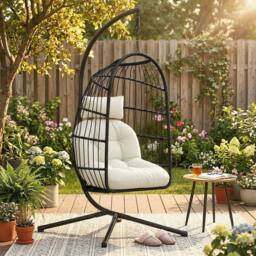 OUTSUNNY Hanging Egg Chair, Outdoor Swing Chair with Stand, Black/Cream in Black